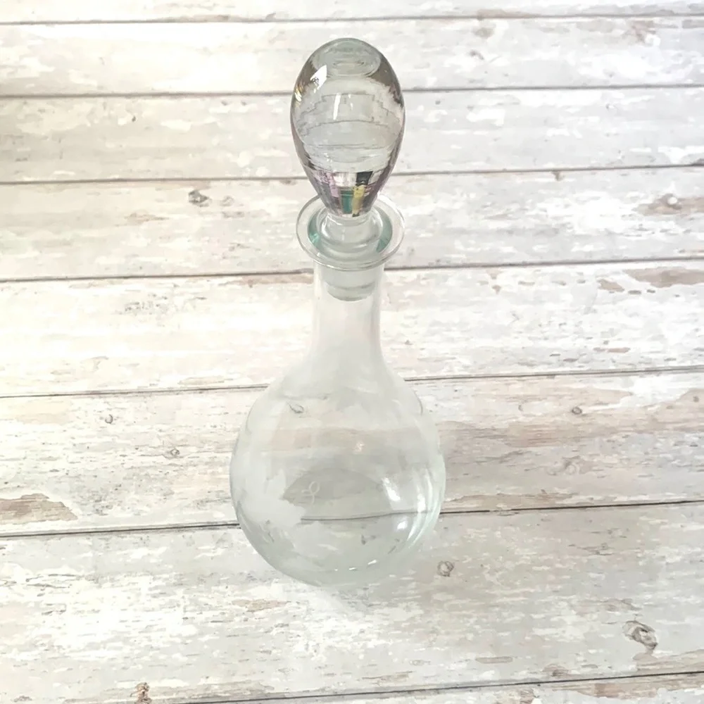 Vintage Decanter Teardrop Shape Etched Glass Grapes Leaves Design 15in Tall